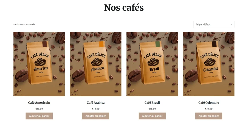 Café délice Woocommerce Liste de produits